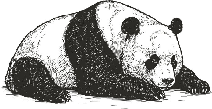 Resting giant panda illustration detailed black and white drawing of a calm bear lying down