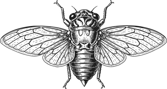 Detailed black and white illustration of a cicada with open wings and segmented body