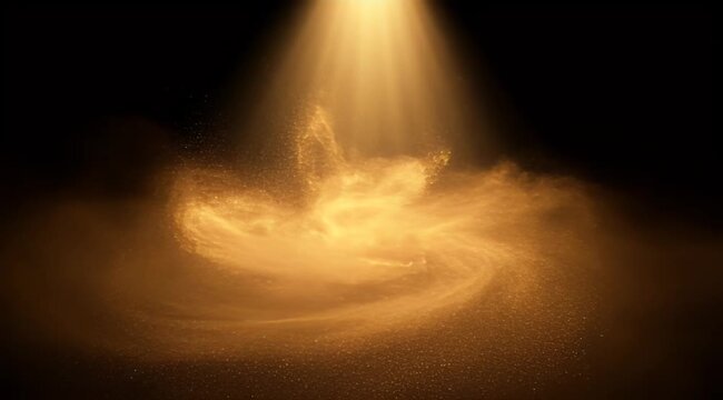 Ethereal golden light beam illuminating a swirling vortex of shimmering particles on black background