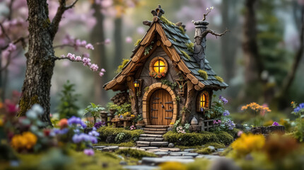 Fantasy home of tiny wood dweller, macro view of fairy tale hut