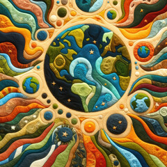 felt art patchwork, world globe planet earth background banner, sustainable environment, ecology, nature regeneration, eco friendly green energy, care for nature esg concept