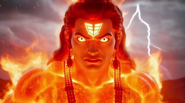 Hanuman powerful fire form with mace and lightning in storm sky divine warrior hindu god spiritual india culture festival background for commercial use