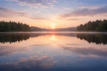 Obraz premium Serene sunrise over a tranquil lake, reflecting the pastel sky and misty shoreline, creating a peaceful and scenic landscape perfect for nature lovers.