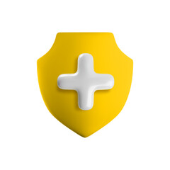Vector cartoon 3d health protection icon. 3d render of yellow shield with white medical cross. First aid sign. Antivirus safety, healthcare, immunity, medical insurance symbol for app, web, design