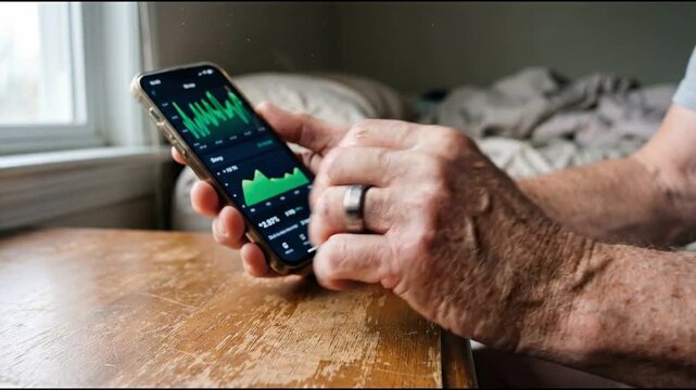 Close-up of an older man&rsquo;s hands wearing a sleek titanium smart ring as he checks colorful sleep-tracking graphs on a modern smartphone in a cozy bedroom.