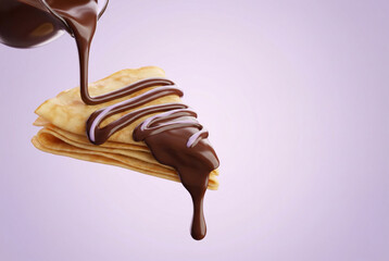 Fresh Crepes With Melted Chocolate Sauce Pouring Over Them