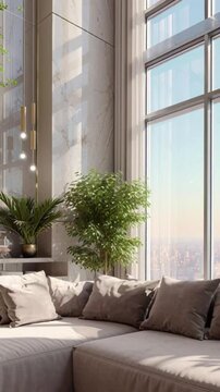 Elegant modern luxury living room interior featuring white marble wall cladding and three gold pendant lights with beige sofa and floor to ceiling windows