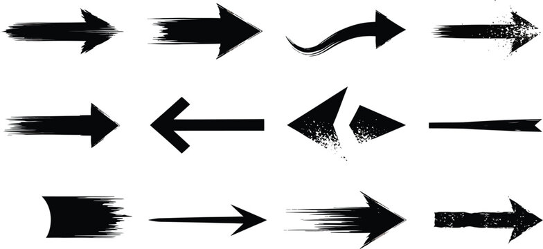 Grunge arrows collection. Set of hand drawn grunge arrow. Grungy brushes realistic. Black sketch handmade watercolor doodle arrow - stock vector.