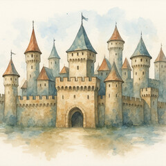 Fairytale castle with multiple towers painted in watercolor style on light background
