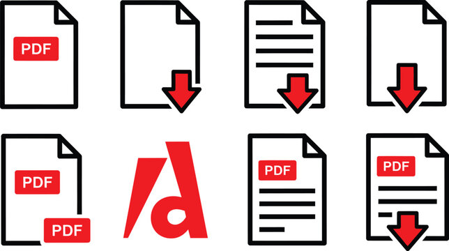PDF file format icons set. PDF file download symbols. Format for texts, images, vector images, videos, interactive forms - stock vector