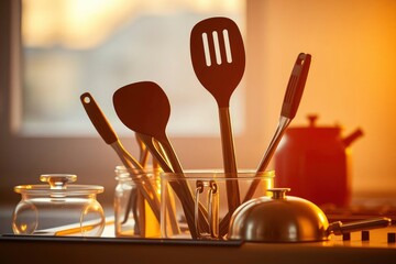 Kitchen spatulas ladles and cooking tools in glass jars with a lidded pot and teapot bathed in warm golden window light on a a counter