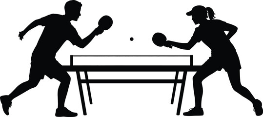 Silhouette table tennis players illustration showing competitive match with paddles, ball, net, dynamic action, sports activity, recreation, and fitness. © Arif Creatives