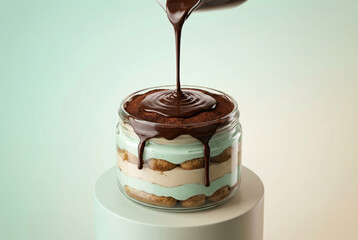 Chocolate Sauce Pouring Over Layered Tiramisu Dessert In Glass Jar