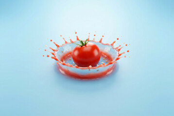 Fresh Red Tomato Splashing Into Juice On Blue Background