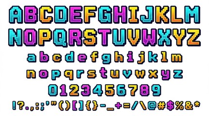 font alphabet in retro arcade style from a to z numbers punctuation isolated on white background