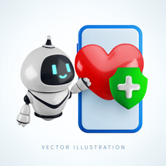 Vector cartoon 3d health, medical care mobile chat bot illustration. Realistic 3d render robot character showing smartphone with heart, shield, plus sign. AI medicine, insurance technology service