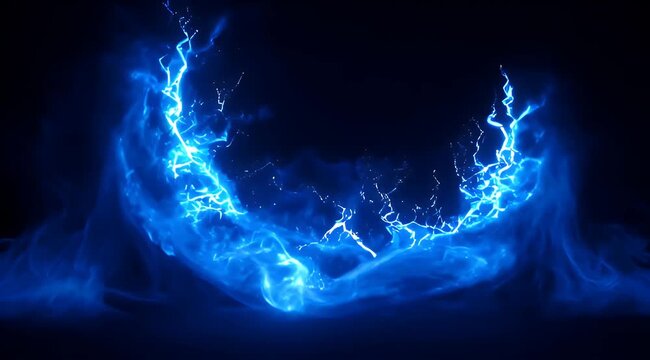 Abstract blue energy vortex on dark background with electrical discharges emanating