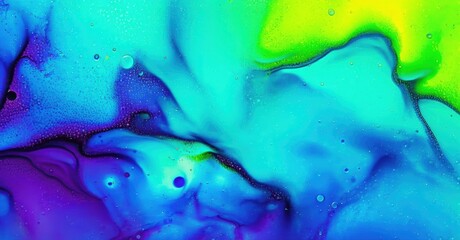 Fototapeta premium Vibrant fluid colors mix, creating abstract patterns. Turquoise, purple, yellow blend beautifully. Bubbles add texture, dynamic movement.