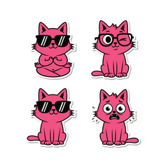 Obraz premium Pink cartoon cats in sunglasses and glasses showing different emotions on white background with copy space