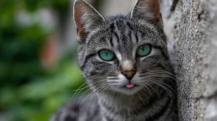 Alert Tabby Cat in a Natural Setting / 自然の中で警戒するキジトラ猫