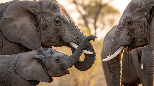Close-up of an elephant family, with a calf nuzzling its mother's trunk, showcasing intimate connection and texture.