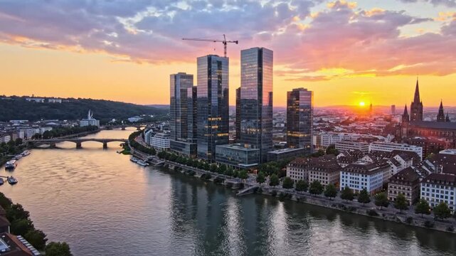 Aerial view of urban cityscape with river, tall buildings, bridges, and sunset skyline at dusk