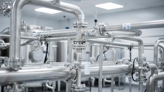 Medium shot of hygienic stainless steel process piping with CIPready features showcasing clean surfaces and automated cleaning in a sterile industrial environment.