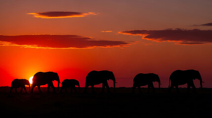 Fototapeta premium Silhouettes of a family of elephants walking at sunset against a vibrant red and orange sky.