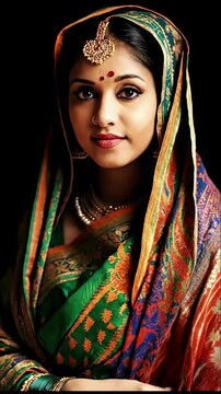 Traditional indian woman portrait in green sari saree with bindi jewelry veil graceful pose serene mood colorful embroidery ethnic cultural beauty gold textile fabric pattern ornate fashion accessory