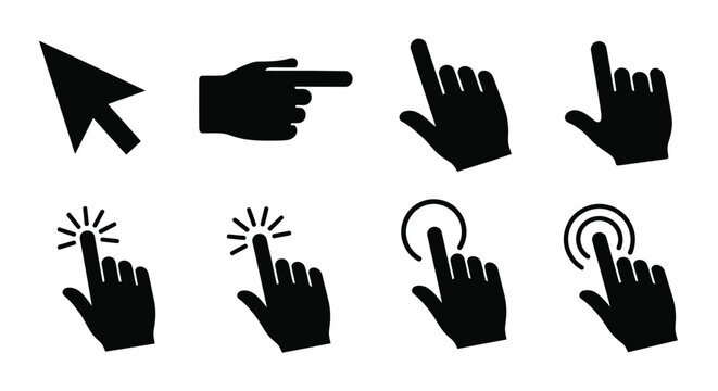 Collection of black hand icons depicting various pointing and touching gestures