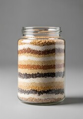 Glass jar with layered grains isolated on neutral background sustainability preparation concept