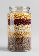 Glass jar with layered grains isolated on neutral background sustainability preparation concept