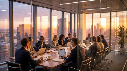 Diverse business professionals hold a productive meeting in a modern boardroom, featuring a stunning city skyline at sunset visible through expansive glass windows.