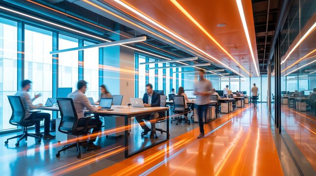Diverse professionals work at desks in a vibrant open-plan office, featuring orange floors, modern linear lighting, with motion blur.