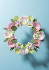 Floating flower petals arranged symmetrically isolated on pastel background wellness beauty concept