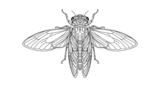 Intricate black and white line art drawing of a cicada insect with highly detailed wing venation and ornate body patterns.