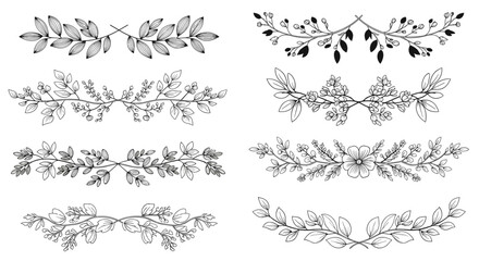 Set of black and white hand drawn floral borders and dividers for wedding invitations or greeting card design.