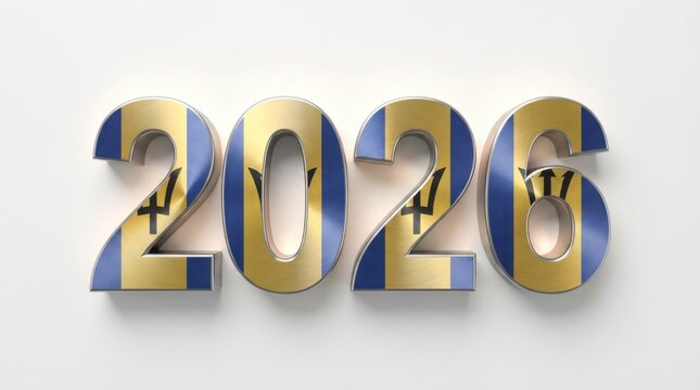 stylish barbados 2026 made of 3d brushed steel digits overlaid with flag texture on minimal white background bold 3d celebratory number design