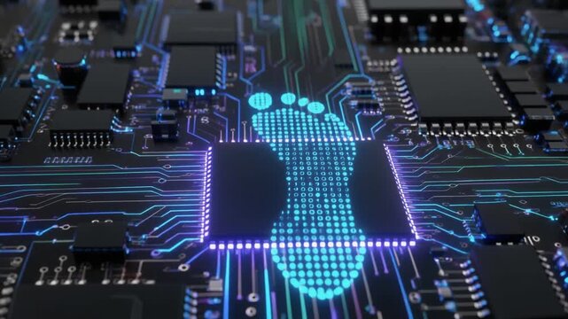 &ldquo;Glowing digital footprint integrated into computer motherboard.&rdquo;