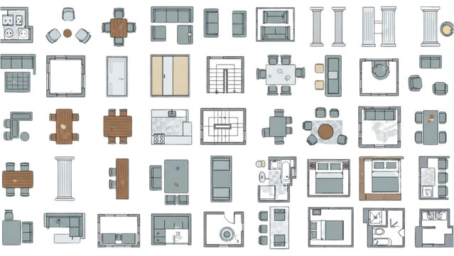 Collection of various architectural elements and furniture designs illustrated in a 2D isometric style from a top-down viewpoint
