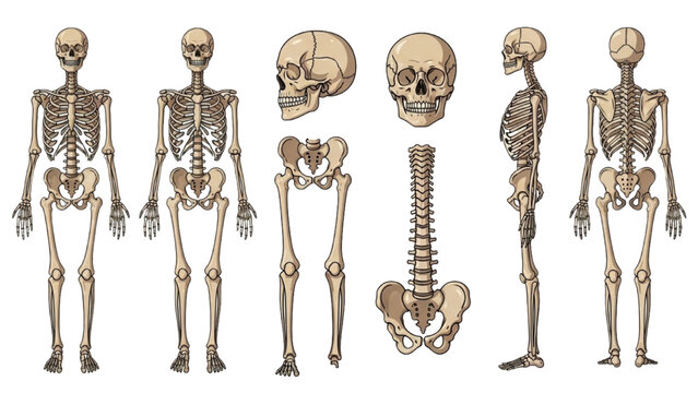 Multiple human skeletons in various poses and isolated body parts displayed from different viewpoints on a plain background