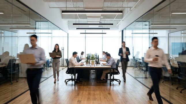 A dynamic wide view captures the bustling energy of a modern open-plan office, with employees walking and working.