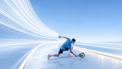 Dynamic artwork male padel player lunging for low shot on futuristic court. Concept of sports performance, fast reaction training, competitive gameplay visuals, and modern athletic branding. © Lustre Art Group 