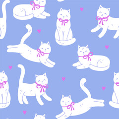 A simple seamless pattern with white cats wearing bows on a blue background. Vector graphics.