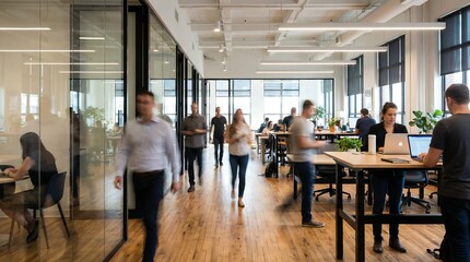 Diverse business professionals are actively engaged, walking, and working in a well-lit, spacious open-plan modern office with glass partitions and wooden floors.