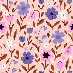 Seamless pattern with purple, pink, and white flowers. Vector graphics.