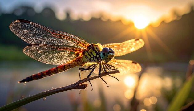 A macro close-up of a blue dragonfly resting on a vibrant green leaf amidst summer nature highlights the intricate wings and eyes of this wildlife insect