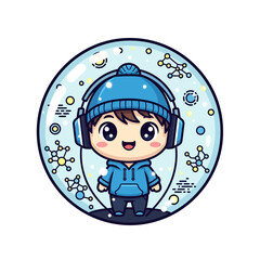 Happy child wearing headphones in futuristic bubble with molecular designs