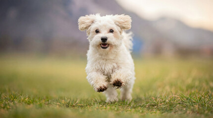Adorable fluffy white Maltese dog running happily through a green grassy field in the countryside, with soft blurred mountains in the background and warm sunlight. © Talia