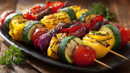 Colorful grilled vegetable skewers with char marks vegetables bell